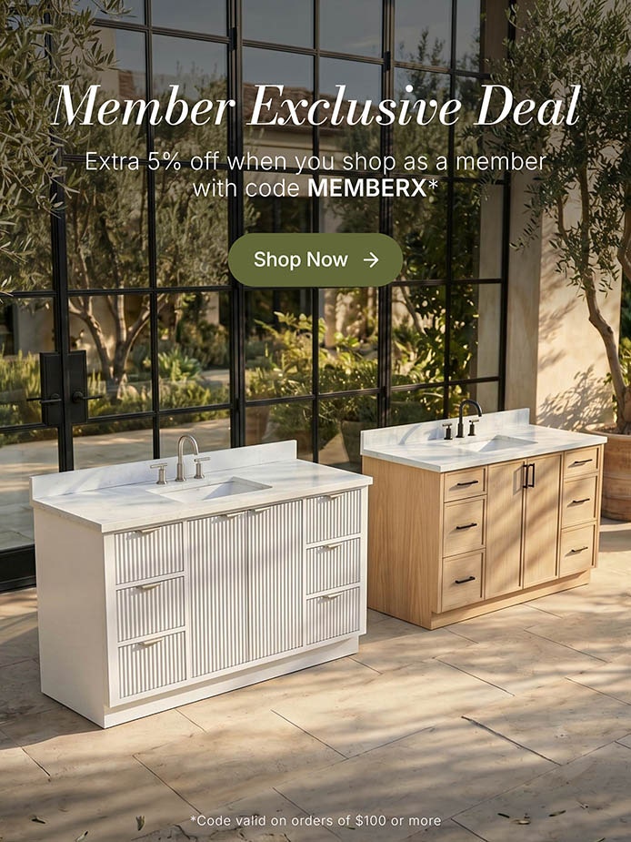 Natural oak single sink vanity with shaker drawers, white countertop, and green tile wall background