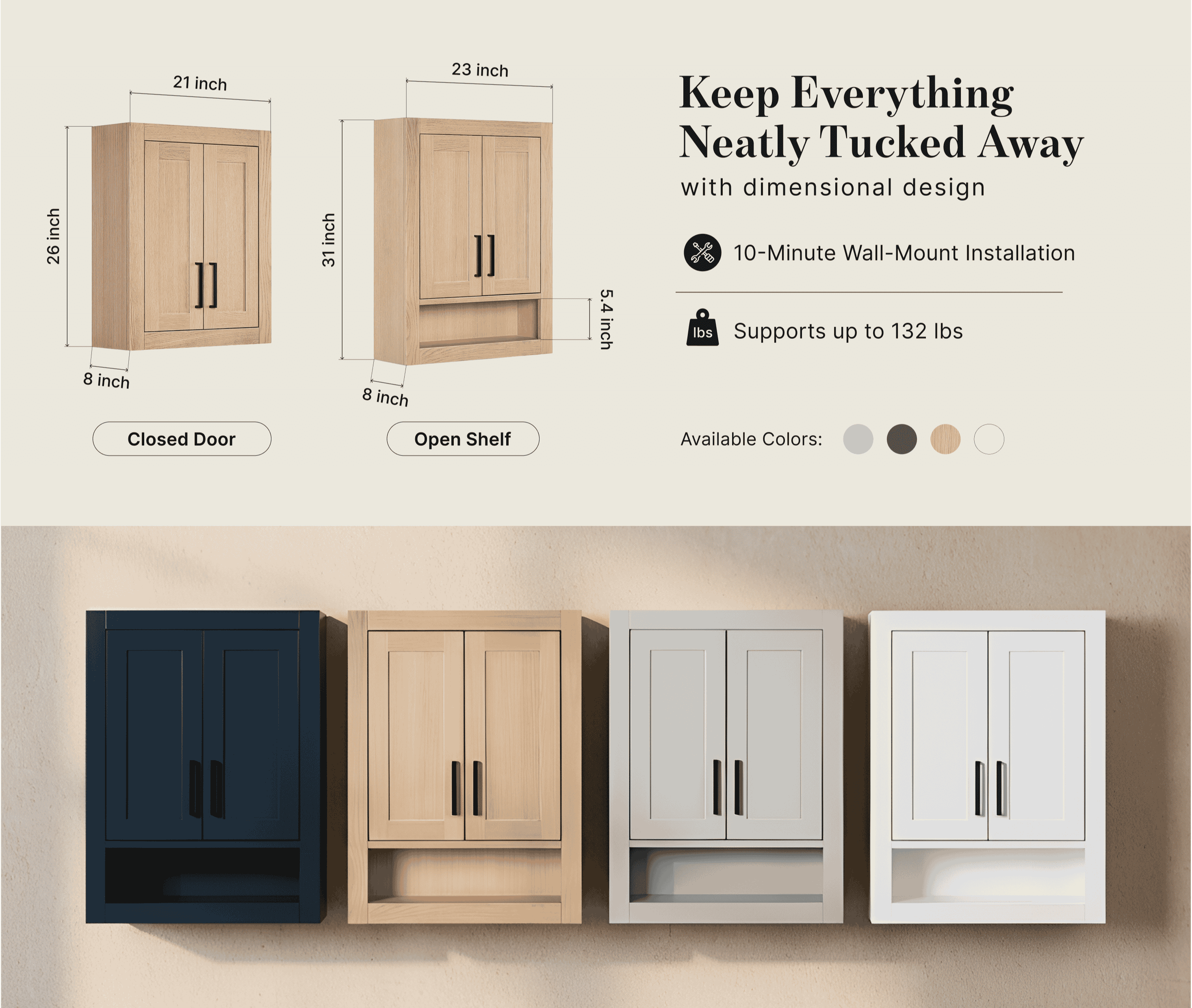 Ariel Hepburn 21x26 in. Wall Cabinet with Doors – White