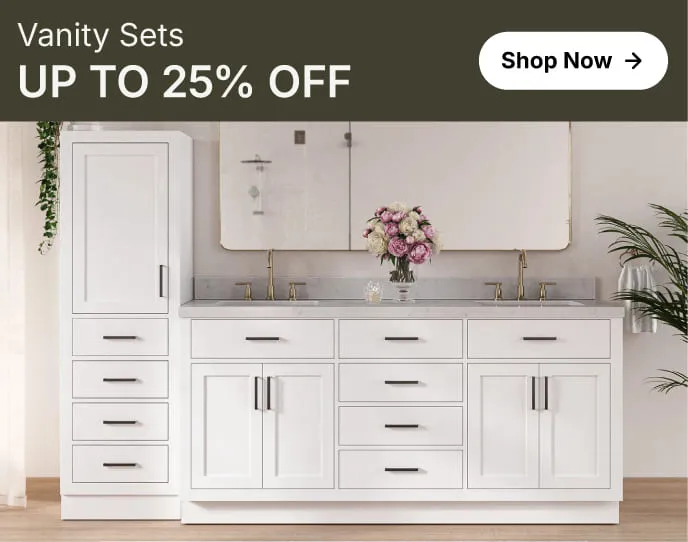 White linen vanity combo with black hardware and marble top, styled with a rectangular mirror and vertical wall paneling.