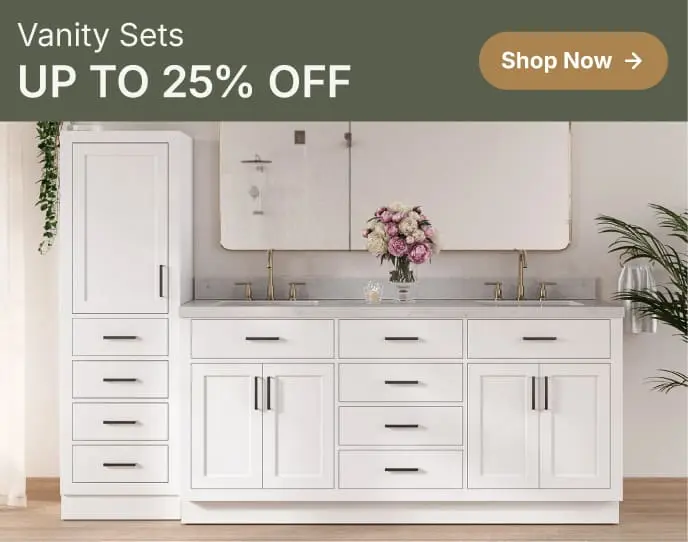 White linen vanity combo with black hardware and marble top, styled with a rectangular mirror and vertical wall paneling.