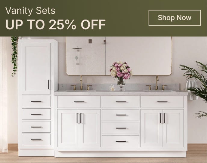 White linen vanity combo with black hardware and marble top, styled with a rectangular mirror and vertical wall paneling.