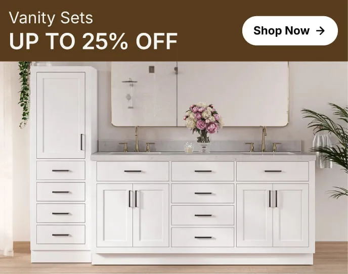 White linen vanity combo with black hardware and marble top, styled with a rectangular mirror and vertical wall paneling.