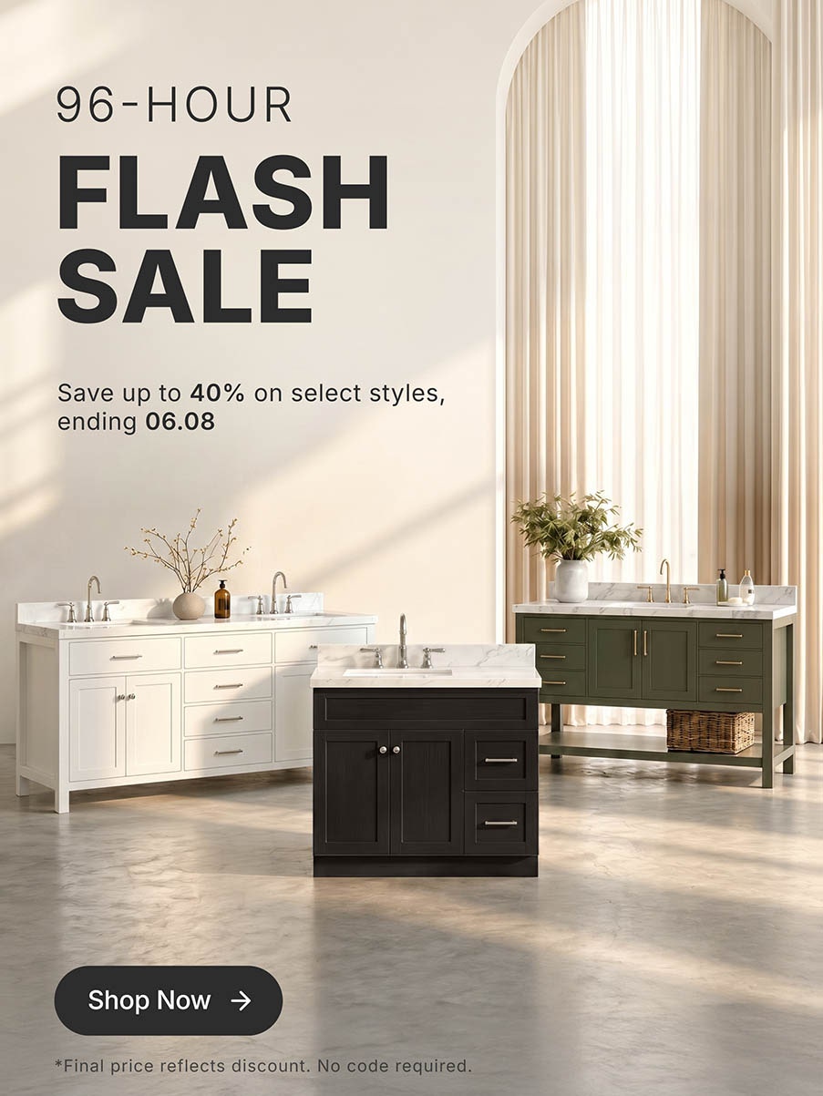 Natural oak single sink vanity with shaker drawers, white countertop, and green tile wall background