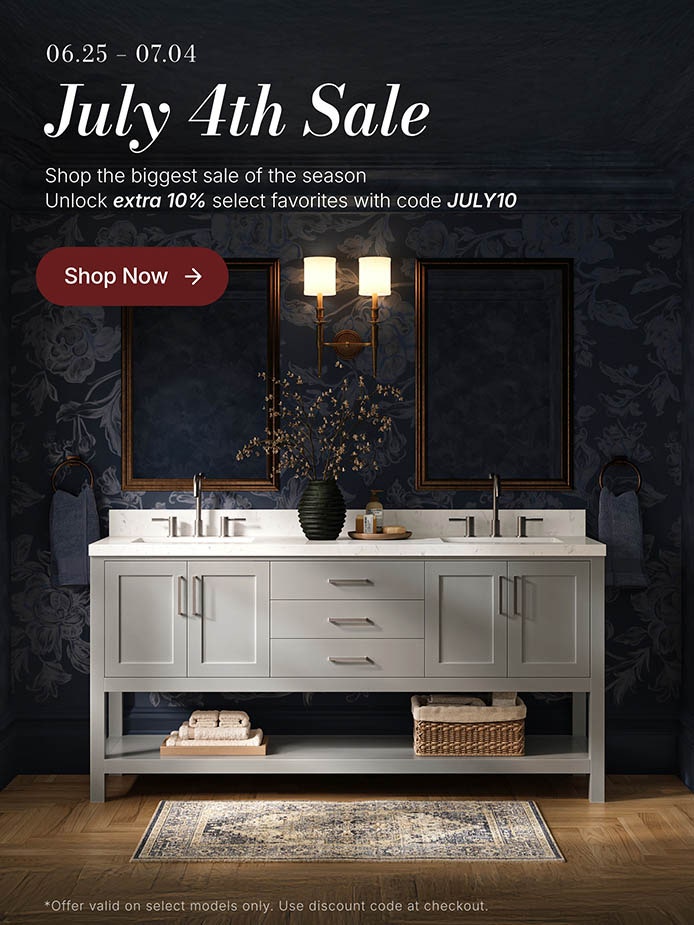 Natural oak single sink vanity with shaker drawers, white countertop, and green tile wall background