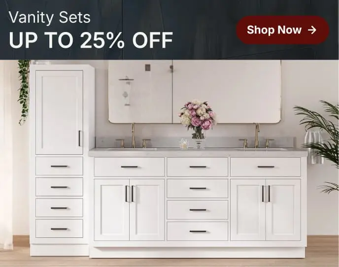 White linen vanity combo with black hardware and marble top, styled with a rectangular mirror and vertical wall paneling.
