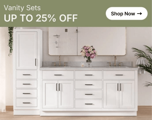 White linen vanity combo with black hardware and marble top, styled with a rectangular mirror and vertical wall paneling.