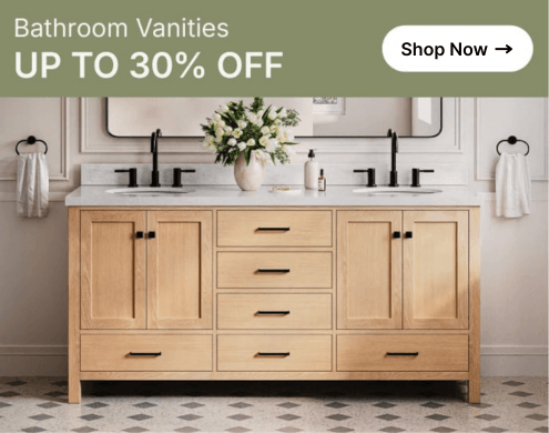 White oak vanity with shaker doors and marble top, styled with round mirror and greenery in a bright bathroom.