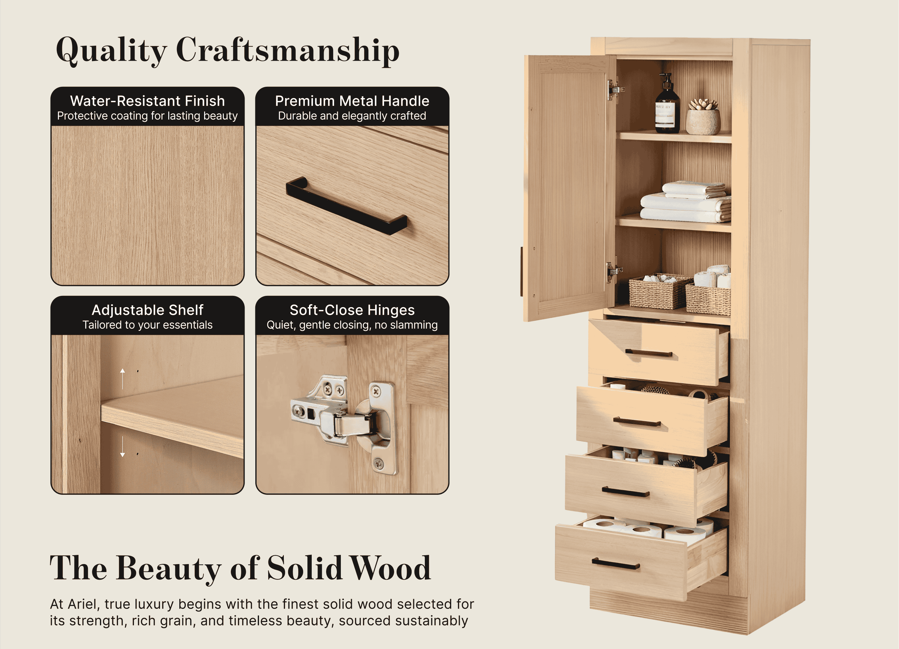 Ariel Hepburn Bathroom Linen Storage Cabinet In Oak
