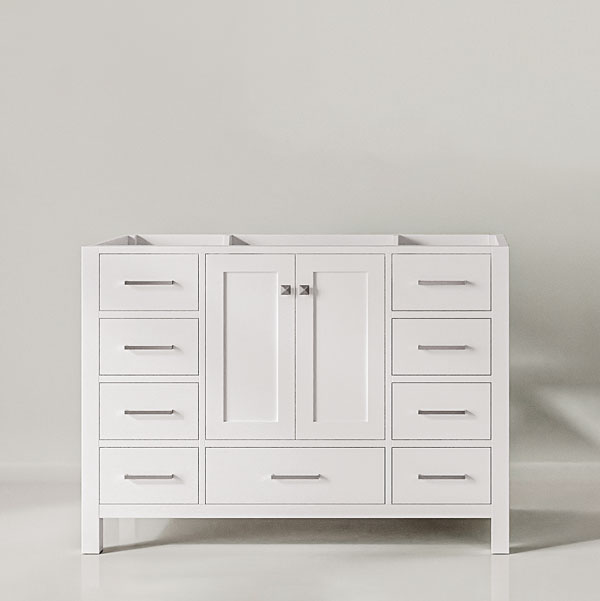 White vanity base cabinet with no countertop or sink, featuring multiple drawers and central cabinet doors.