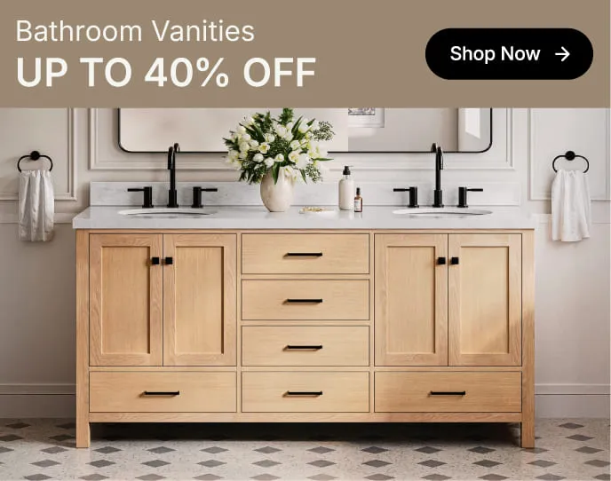 White oak vanity with shaker doors and marble top, styled with round mirror and greenery in a bright bathroom.