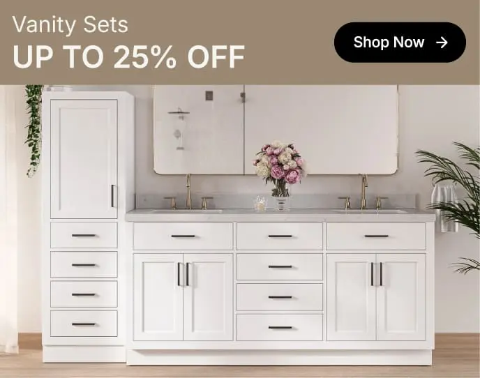 White linen vanity combo with black hardware and marble top, styled with a rectangular mirror and vertical wall paneling.