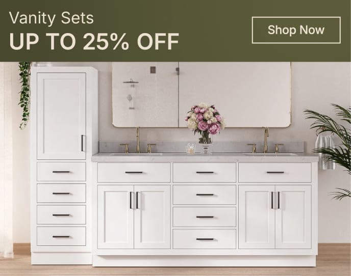 White linen vanity combo with black hardware and marble top, styled with a rectangular mirror and vertical wall paneling.