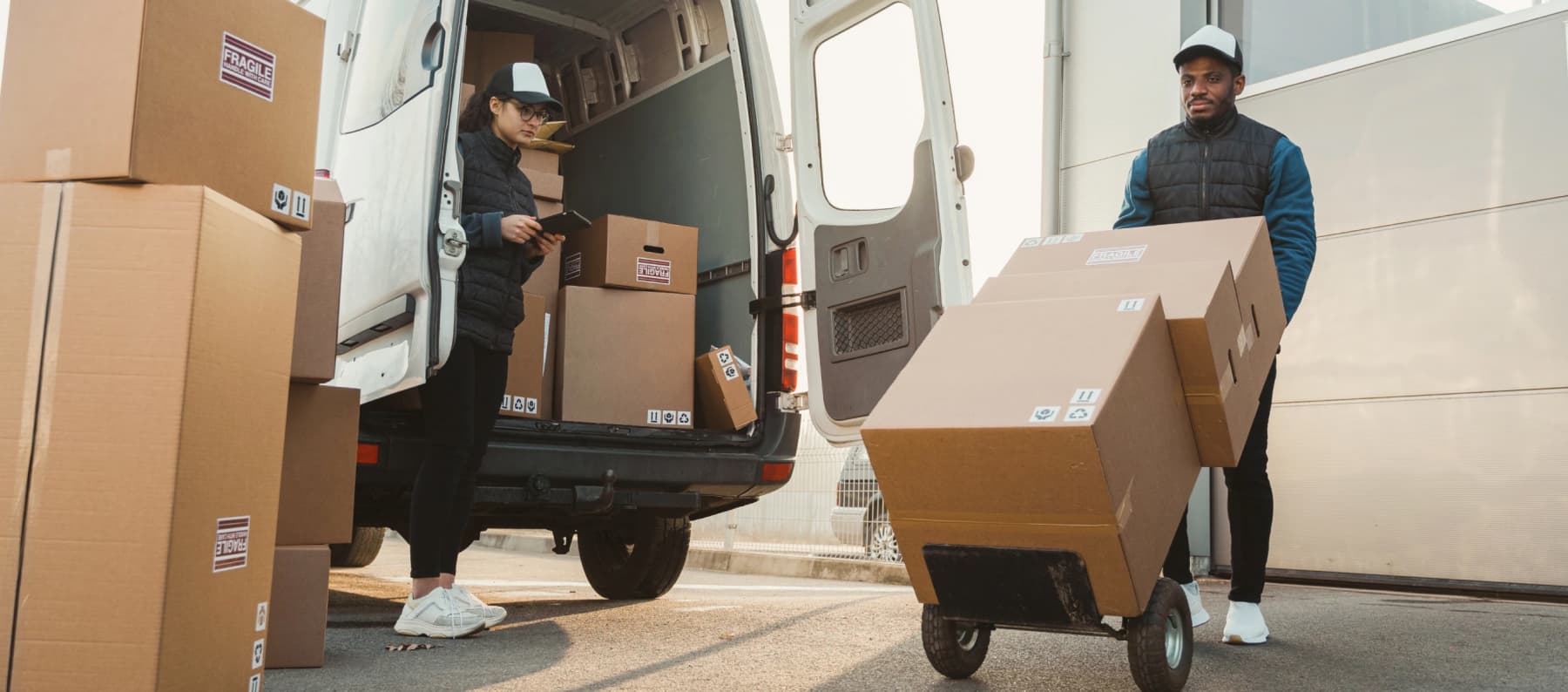 Shipping Two delivery workers unloading cardboard boxes from a van, with one using a hand truck on a warehouse loading area.