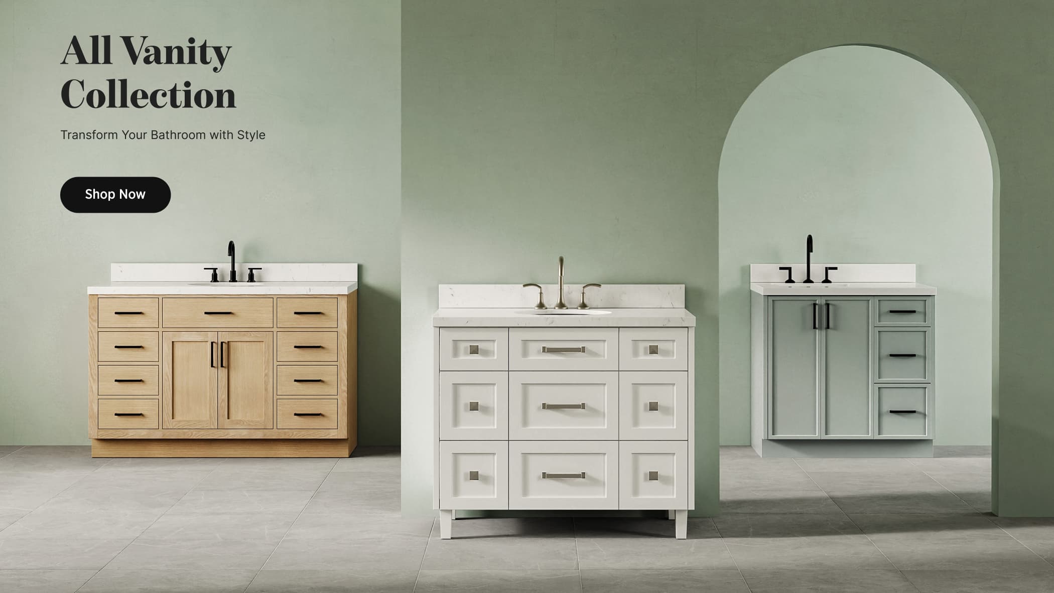 All Vanity Collection Three vanities in oak, warm white, and black on a road represent the All Vanity Collection with Shop Now button.