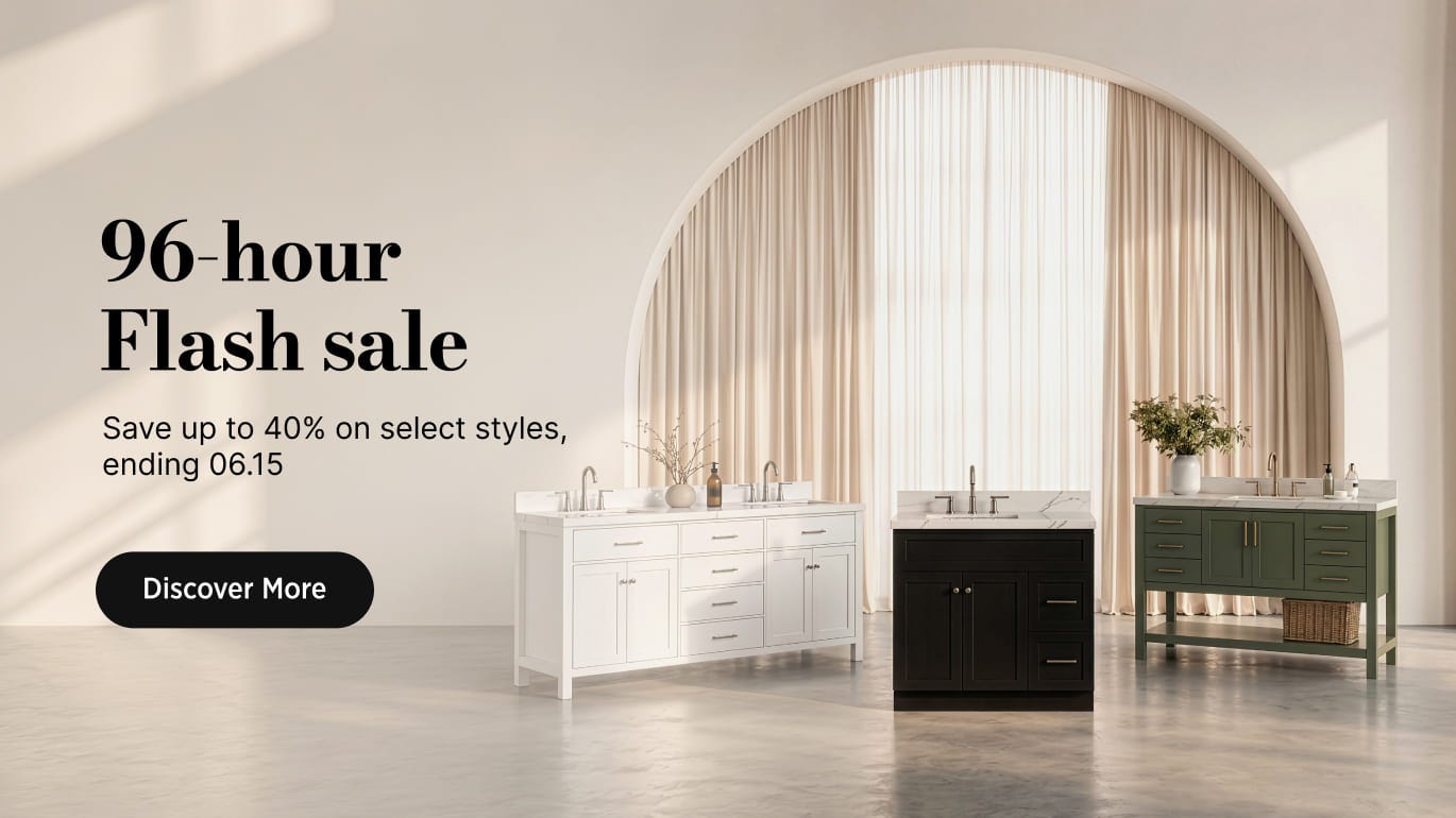 96-hour Flash Sale Natural oak bathroom vanity and matching linen cabinet with round mirrors, styled against a green wall with soft lighting