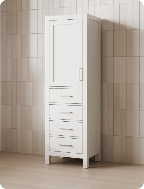 Bathroom Storage Tall oak linen cabinet with a single upper door and multiple lower drawers, styled against a warm background.