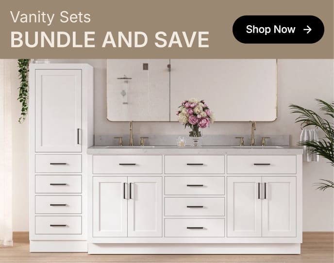 Vanity With Linen Tower White linen vanity combo with black hardware and marble top, styled with a rectangular mirror and vertical wall paneling.