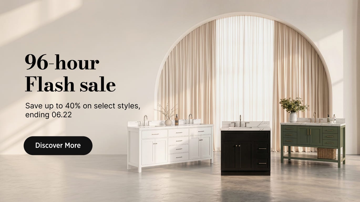 96-hour Flash Sale Natural oak bathroom vanity and matching linen cabinet with round mirrors, styled against a green wall with soft lighting