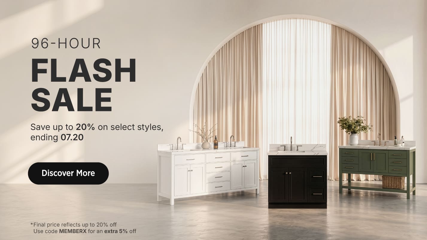 96-Hour Flash Sale 96-Hour Flash Sale banner featuring ARIEL Bath bathroom vanities with up to 20% off select styles, ending July 20.