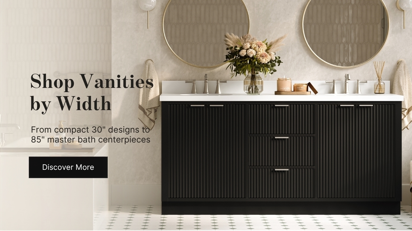 Shop Vanities By Sizes Black bathroom double sink vanity with round mirrors, styled against a white wall with soft lighting