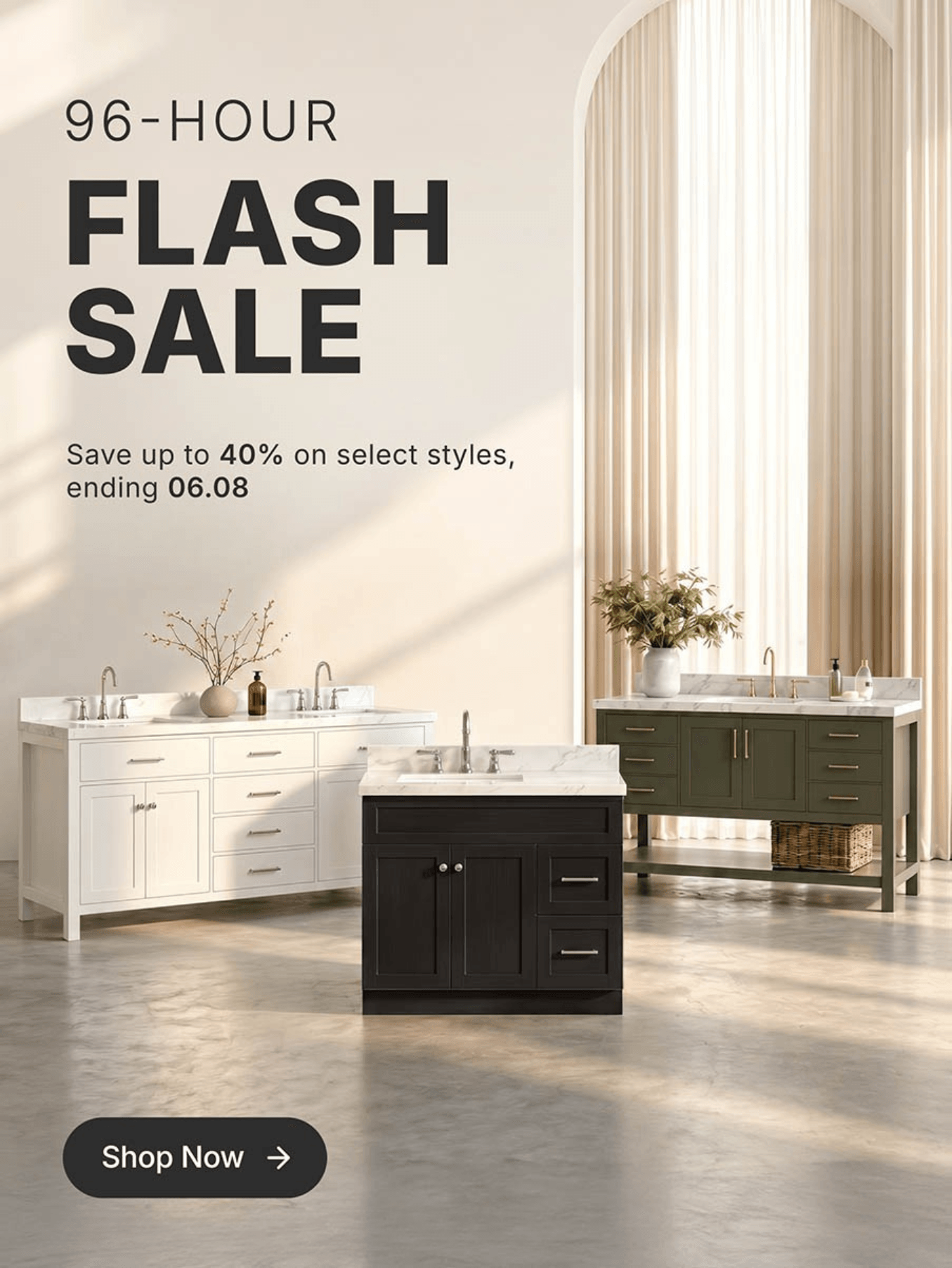 96-hour Flash Sale Natural oak single sink vanity with shaker drawers, white countertop, and green tile wall background