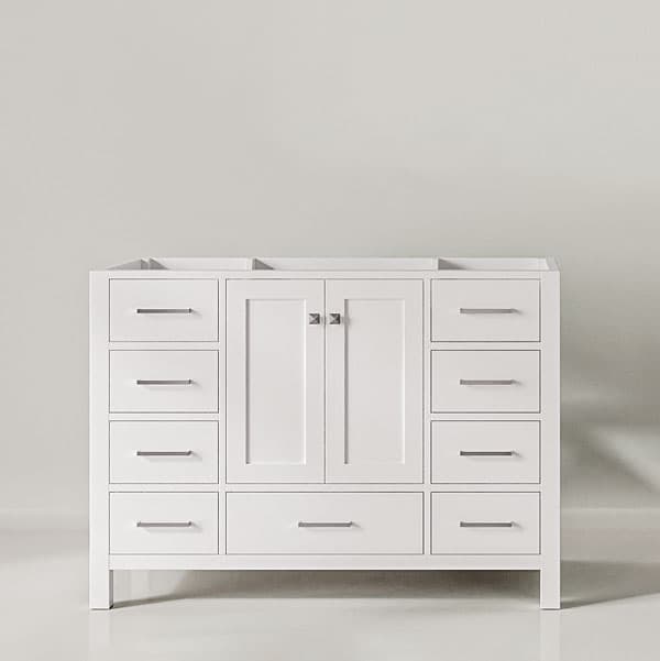 White bathroom vanity base cabinet White vanity base cabinet with no countertop or sink, featuring multiple drawers and central cabinet doors.