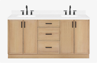 Natural oak double-sink vanity with black hardware and white top, featuring center drawers and side cabinets.