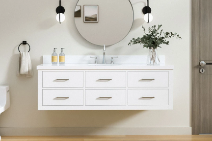 Wall-mounted white vanity with six drawers, marble top, and chrome faucet, styled with round mirror and sconces.