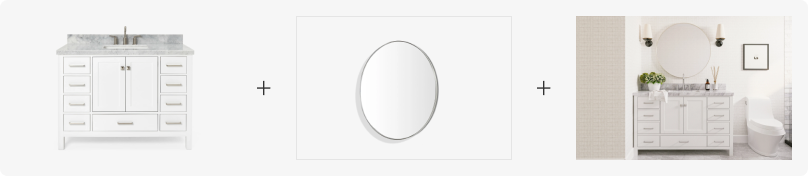 White bathroom vanity with oval mirror, giving a soft and elegant look