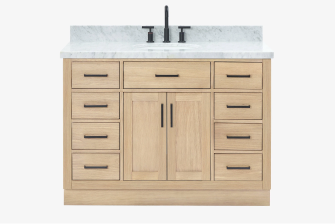 Natural oak single-sink vanity with black hardware and white top, featuring central doors and six drawers.