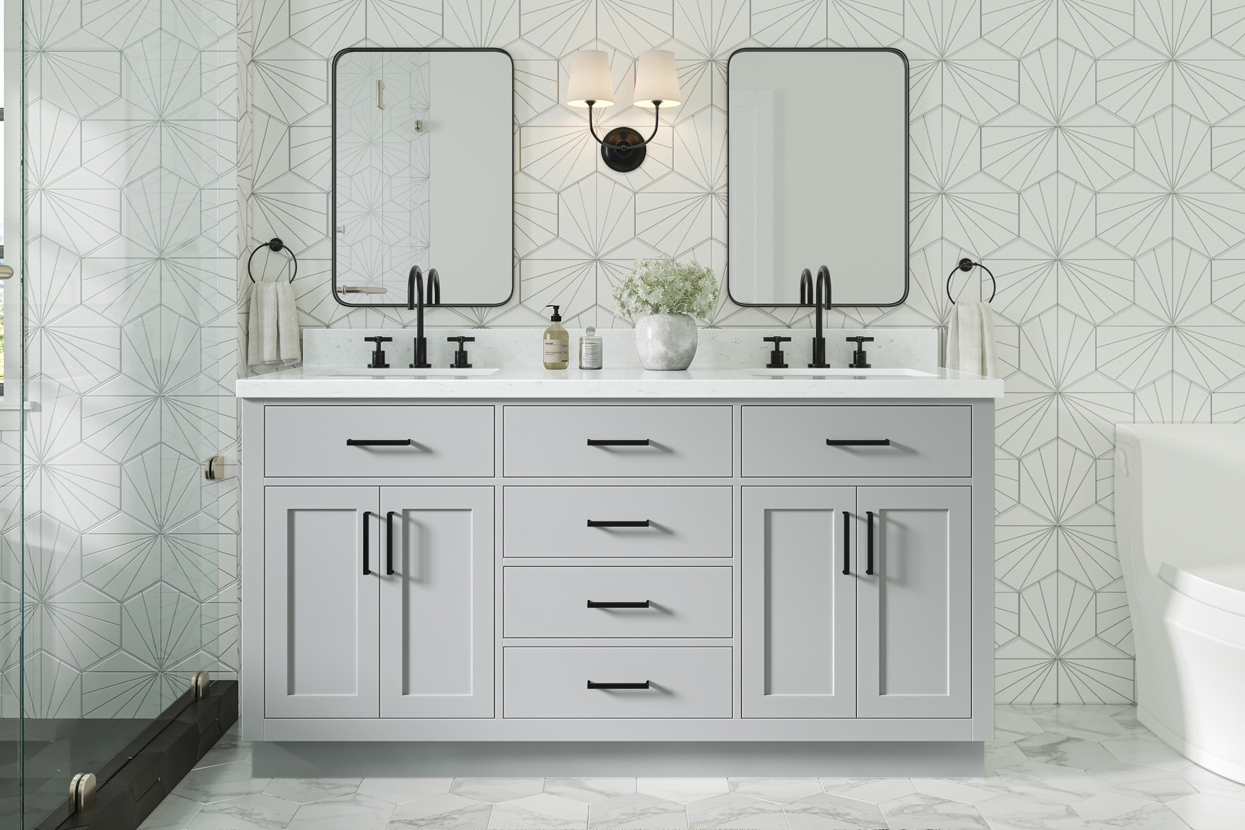 Ariel hepburn 66 inch double rectangle sink bathroom vanity with carrara white quartz countertop 1.5 edge in grey