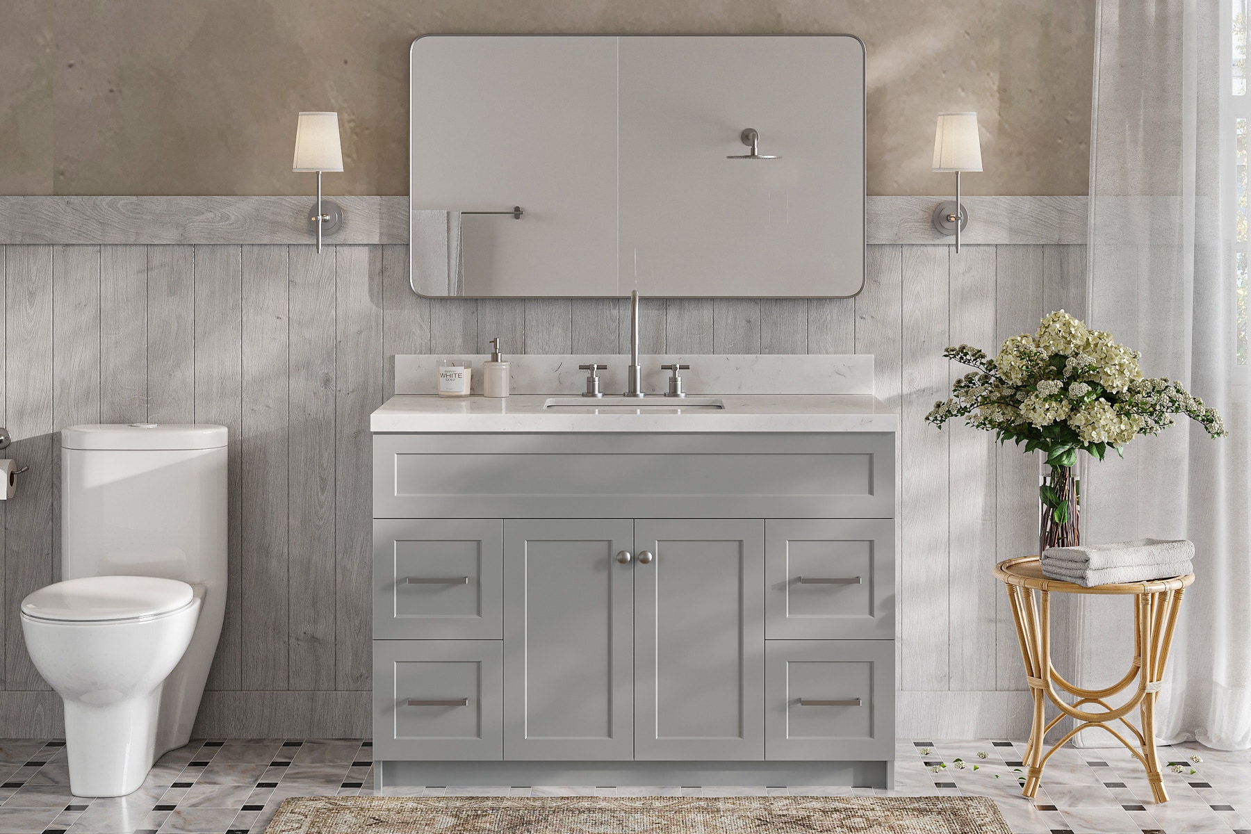 Ariel hamlet 48 in. rectangle sink bathroom vanity with carrara white quartz countertop 1.5 edge in grey