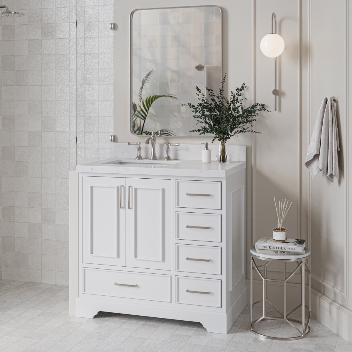 Ariel Stafford 36 Inch Single Left Offset Rectangle Sink Bathroom Vanity With Carrara White Quartz Countertop 1.5 Edge In White Shop Now